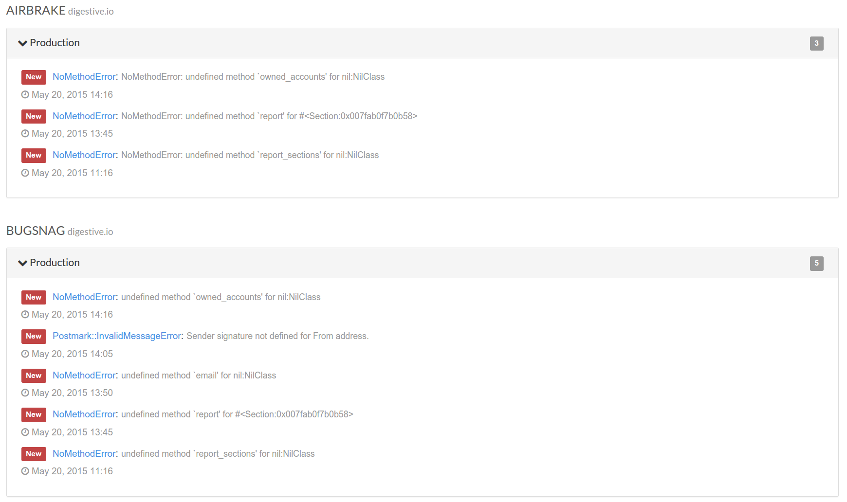 Airbrake and Bugsnag integration in Digestive.io