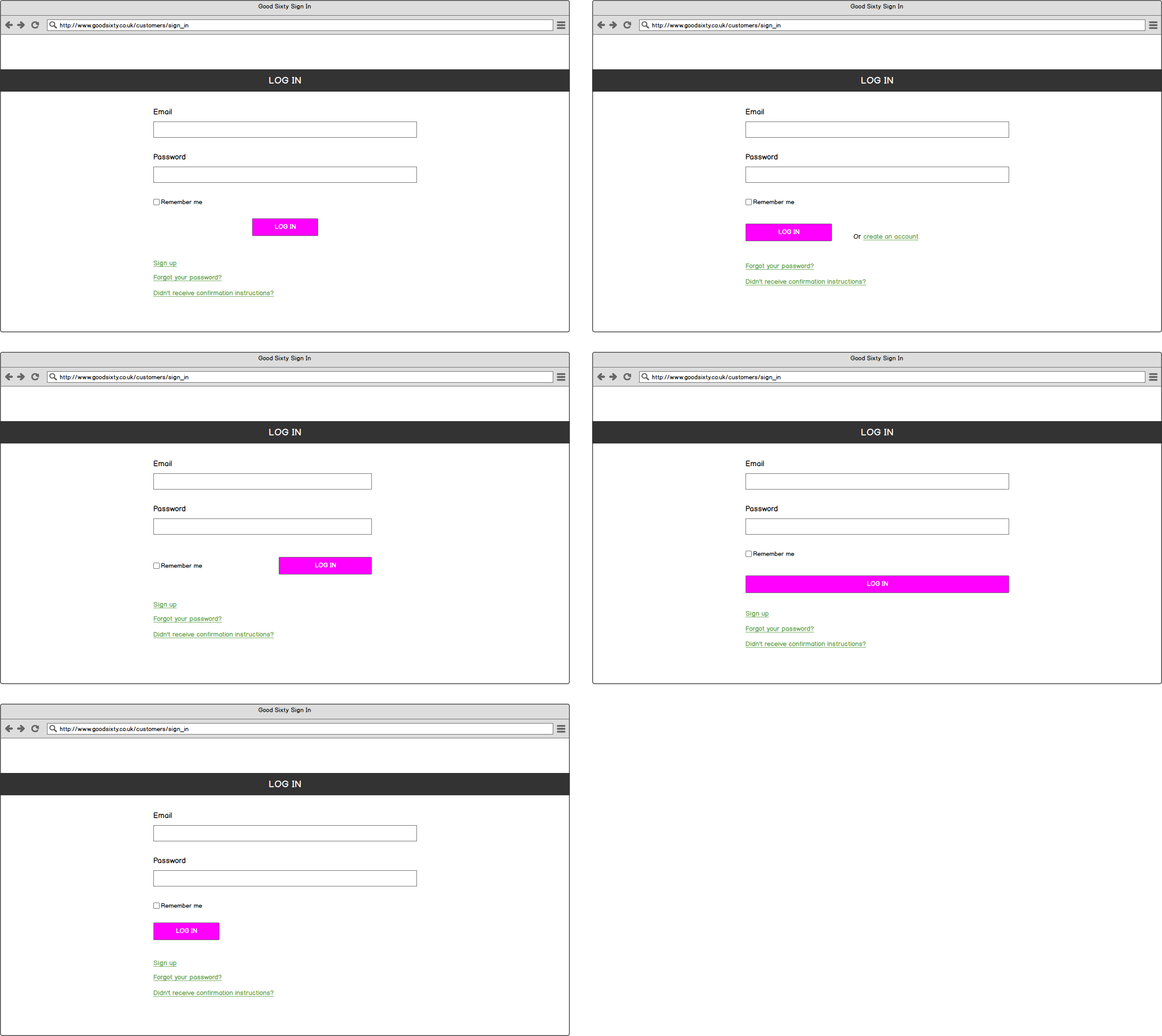 5 mocked up options for the sign-in form