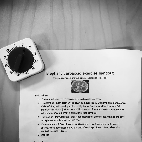 Image of a Pomodoro timer and a worksheet entitled Elephant Carpaccio